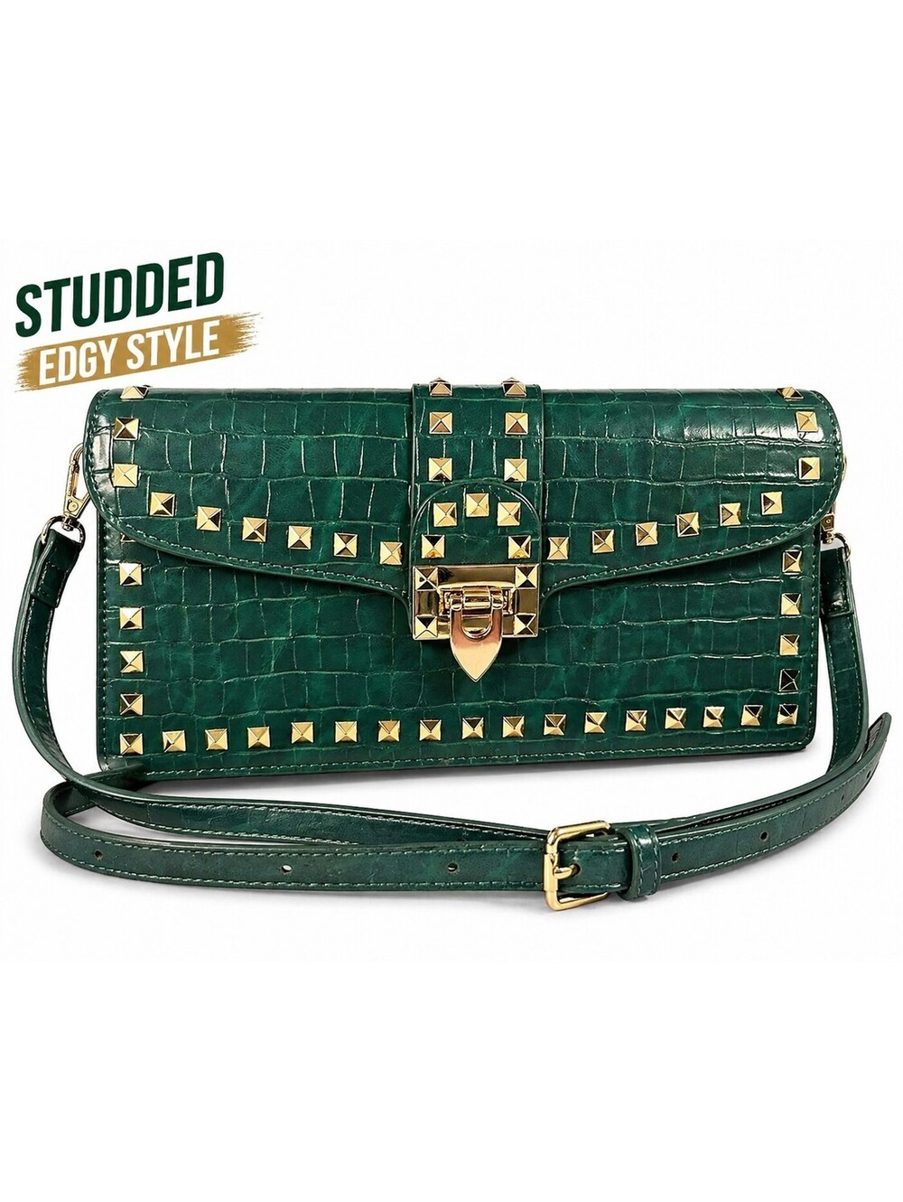 Studded Green Croc Embossed Clutch Crossbody Gold Pyramid Rockstud Style Purs